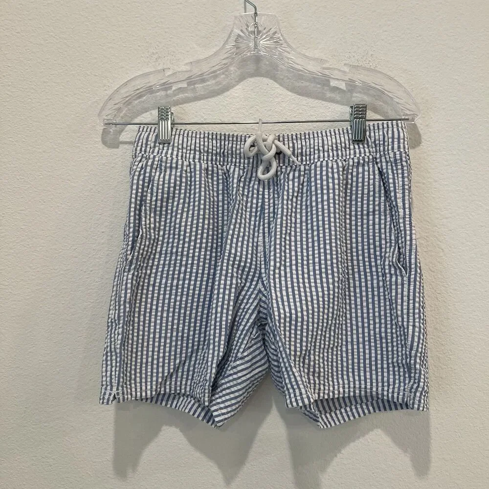 J.Crew Flex Swim Trunks Seersucker Striped Board Shorts Blue Small Mens AK875